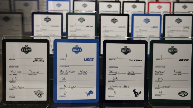 Aug 5, 2022; Canton, OH, USA; The 2022 NFL Draft cards of first-round picks Travon Walker (Jacksonville Jaguars), Aidan Hutchinson (Detroit Lions), Derek Stingley (Texans) and Ahmad Gardner (Jets) on display at the Pro Football Hall of Fame.